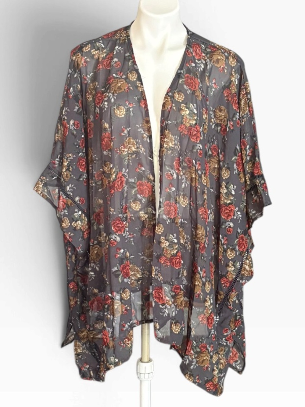 Angie Floral Sheer Chiffon Kimono Duster Cardigan Charcoal Gray Rose Size 2X